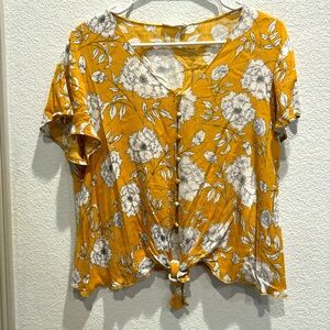 Lush Yellow Floral Short Sleeve Button Up Top with Front Tie- Medium